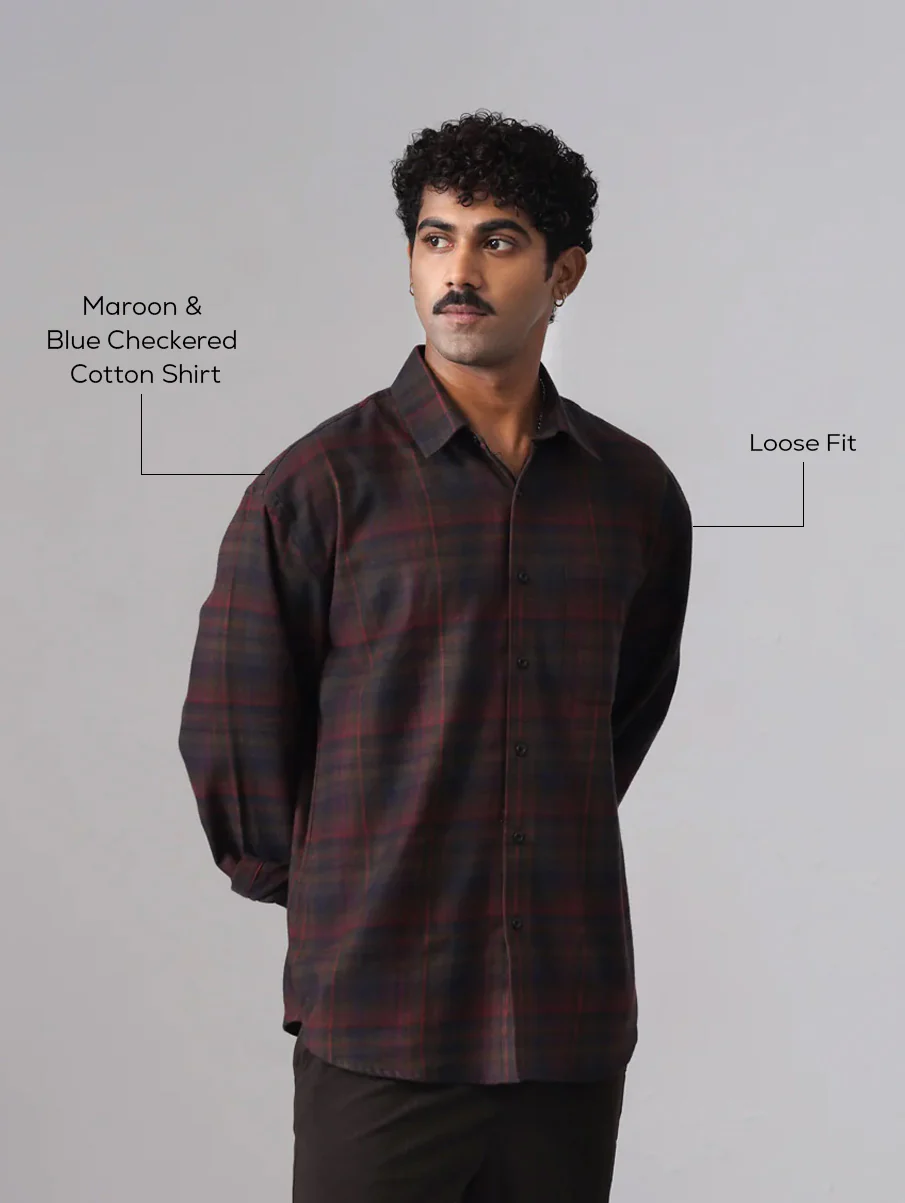 Maroon & Blue Checkered Cotton Shirt – Loose Fit, Full Sleeves - Image 4