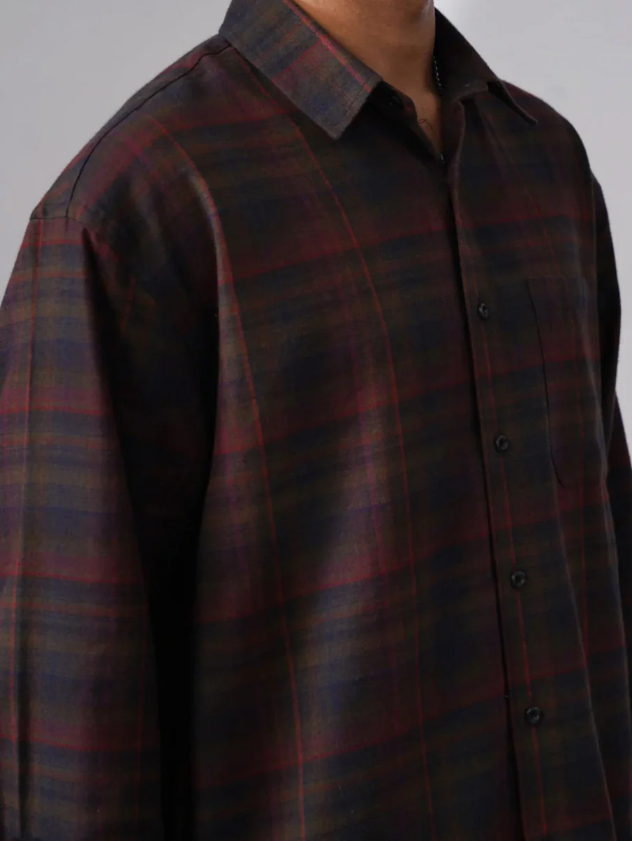 Maroon & Blue Checkered Cotton Shirt – Loose Fit, Full Sleeves - Image 6