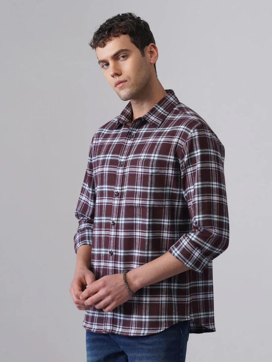 Maroon Checkered Brushed Cotton Shirt – Regular Fit, Full Sleeves - Image 3