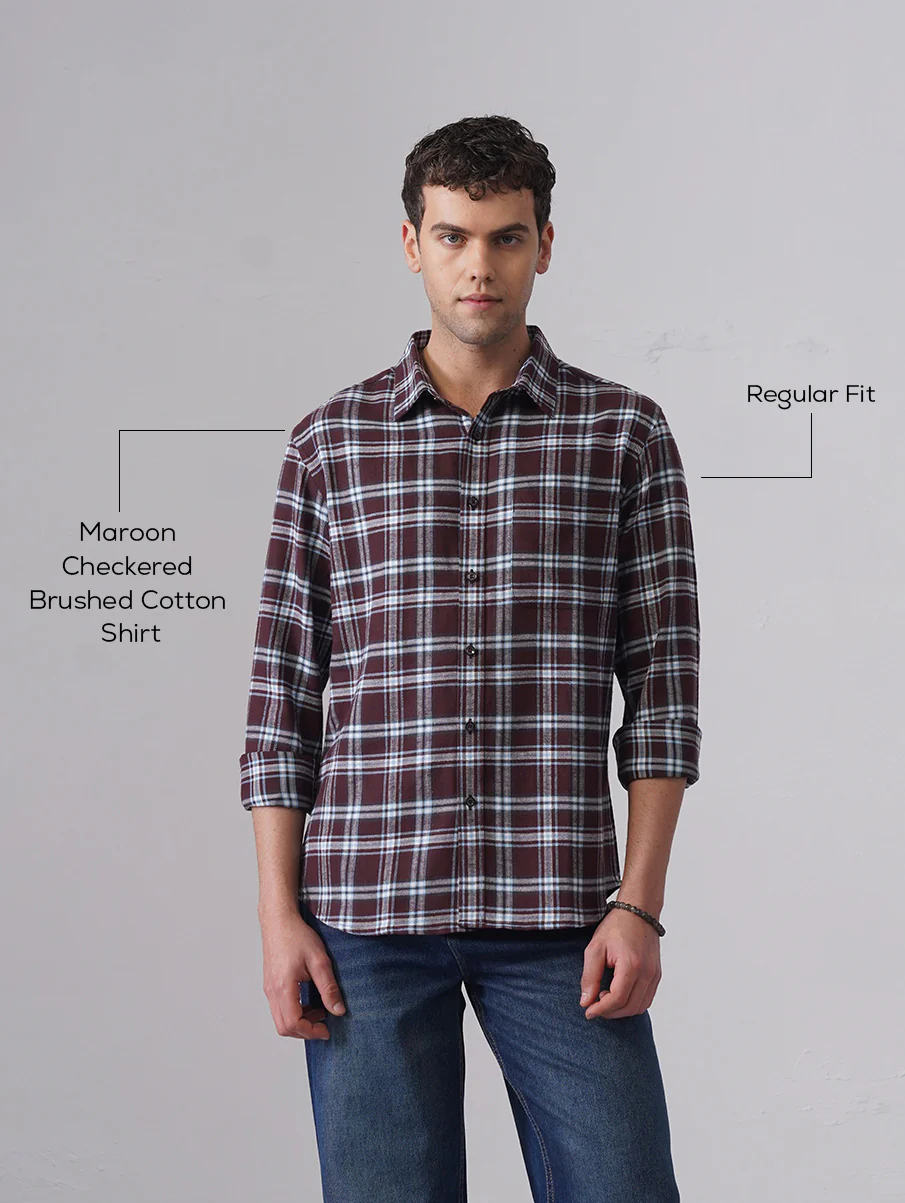 Maroon Checkered Brushed Cotton Shirt – Regular Fit, Full Sleeves - Image 4
