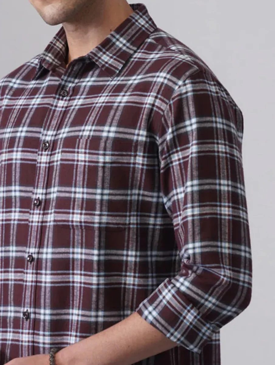 Maroon Checkered Brushed Cotton Shirt – Regular Fit, Full Sleeves - Image 6