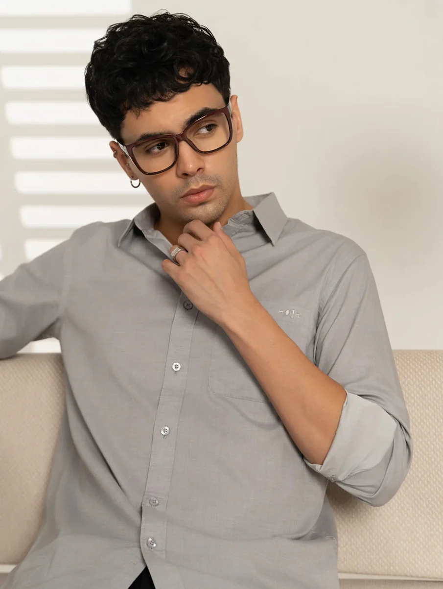 Men’s Grey Solid Cotton Shirt – Regular Fit, Full Sleeves - Image 3
