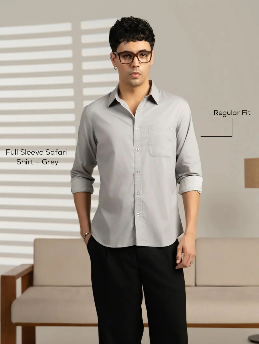 Men’s Grey Solid Cotton Shirt – Regular Fit, Full Sleeves - Image 4