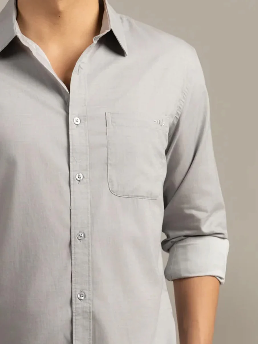 Men’s Grey Solid Cotton Shirt – Regular Fit, Full Sleeves - Image 6