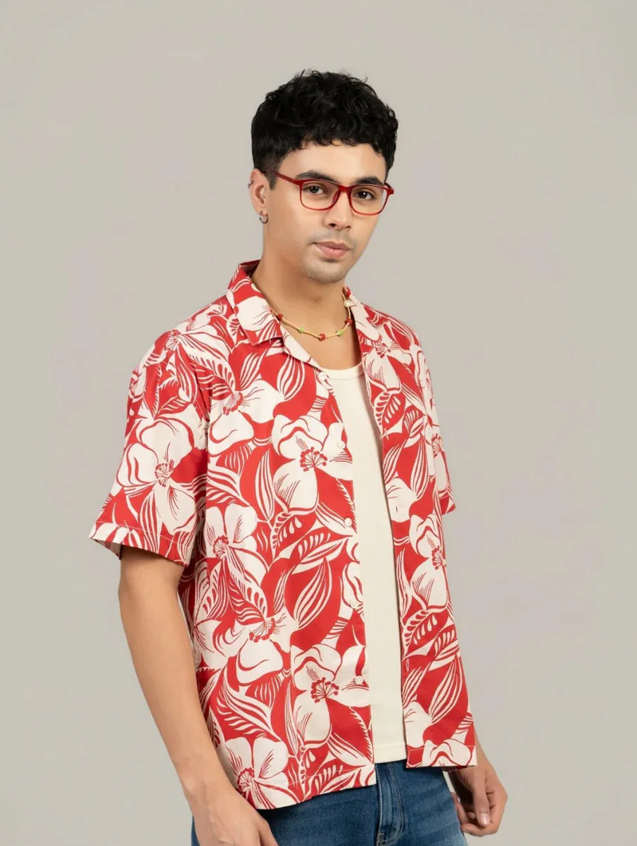 Printed Red Cuban Collar Shirt- Loose Fit - Image 3
