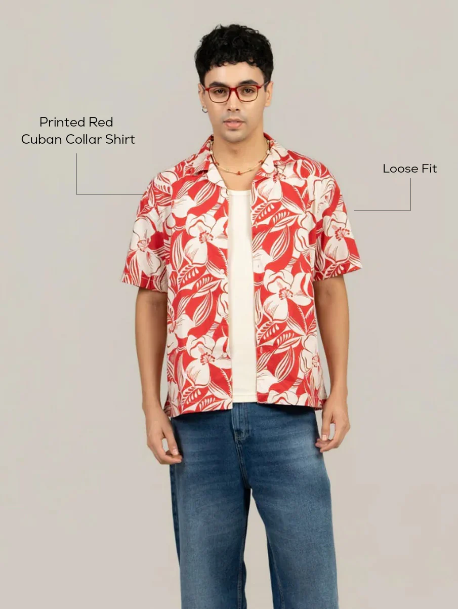 Printed Red Cuban Collar Shirt- Loose Fit - Image 4