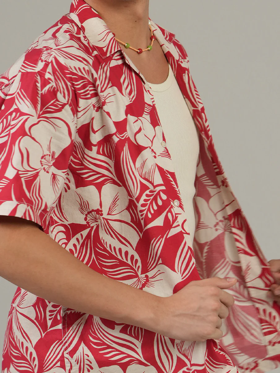 Printed Red Cuban Collar Shirt- Loose Fit - Image 6