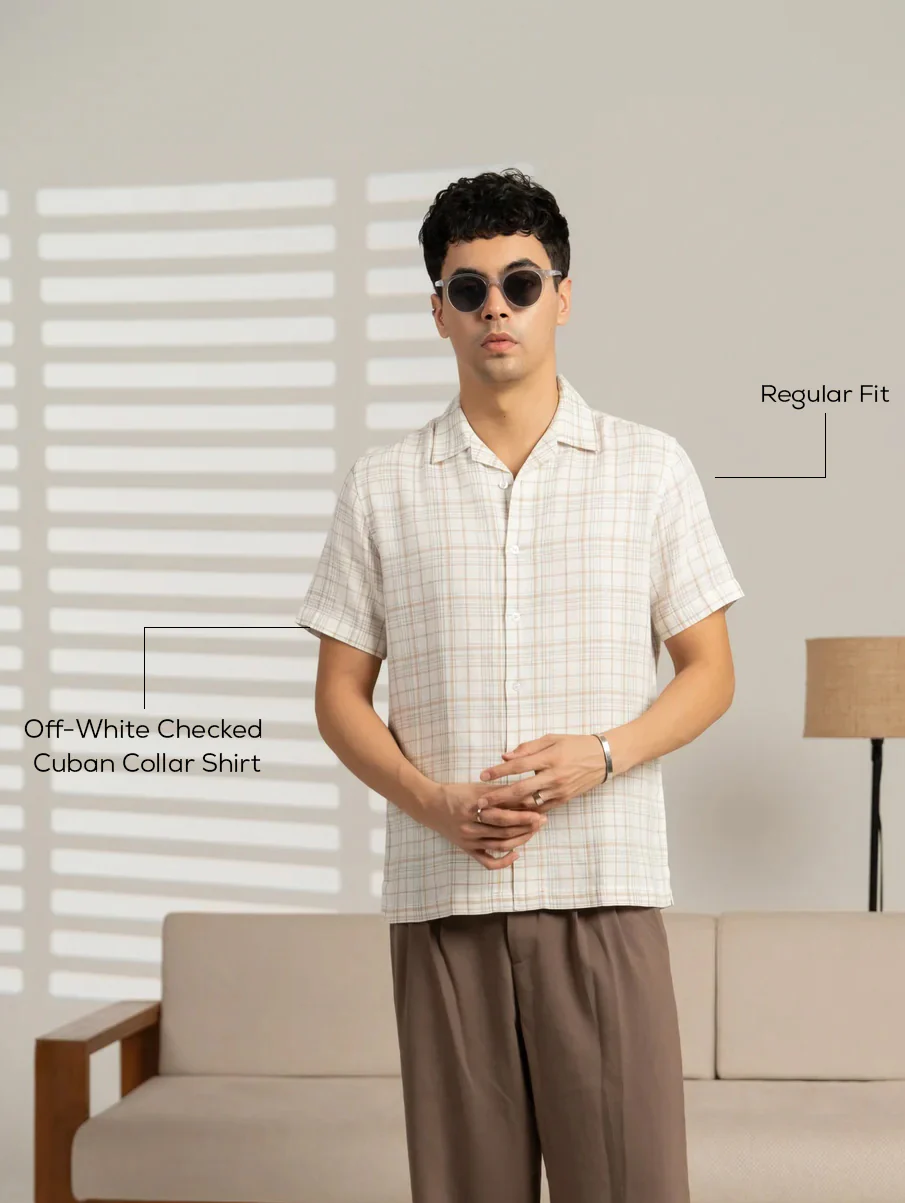 Off-White Checked Cuban Collar Shirt – Regular Fit, Half Sleeves - Image 4