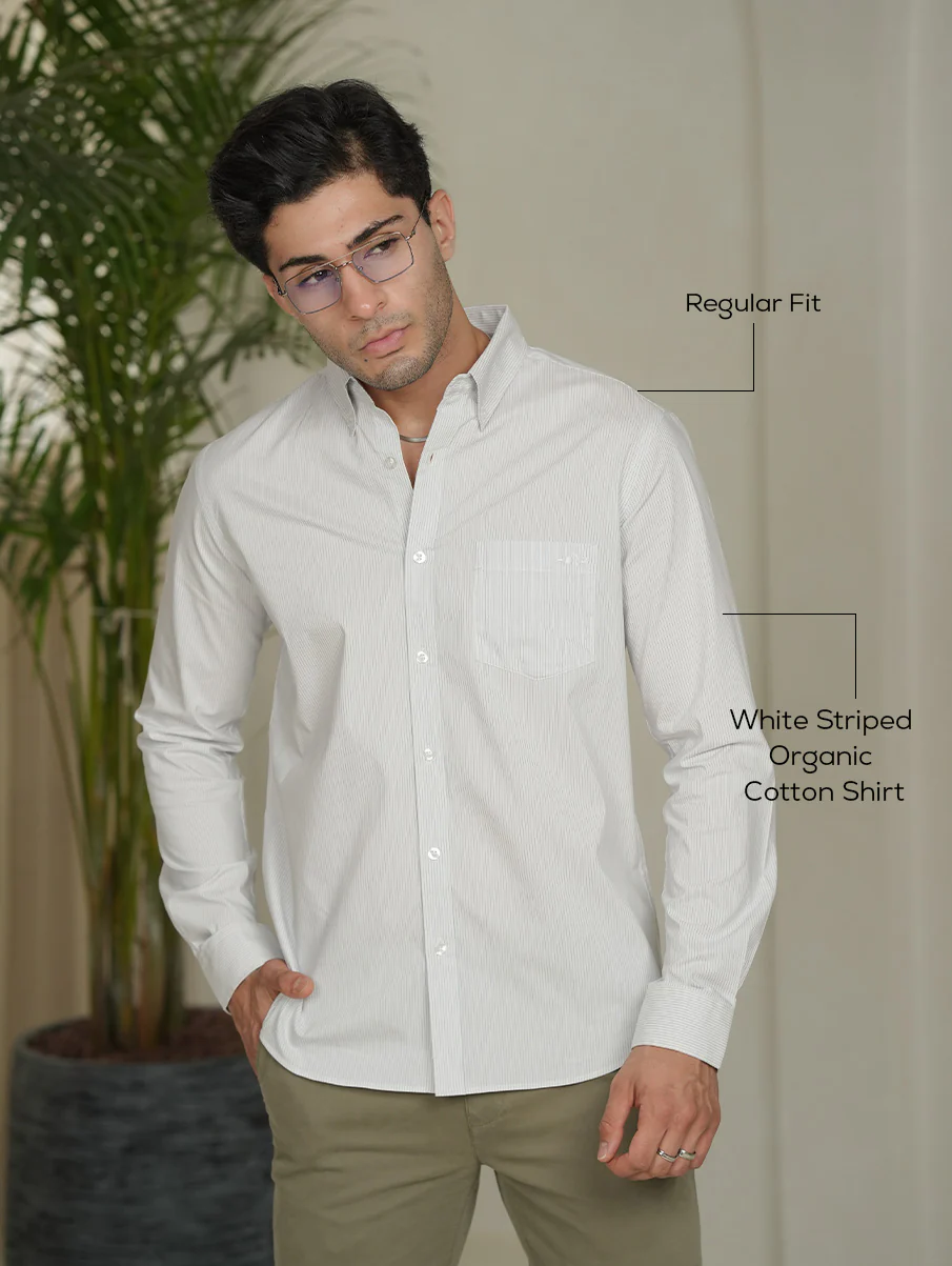 White Striped Organic Cotton Shirt – Button-Down Collar | Regular Fit - Image 3