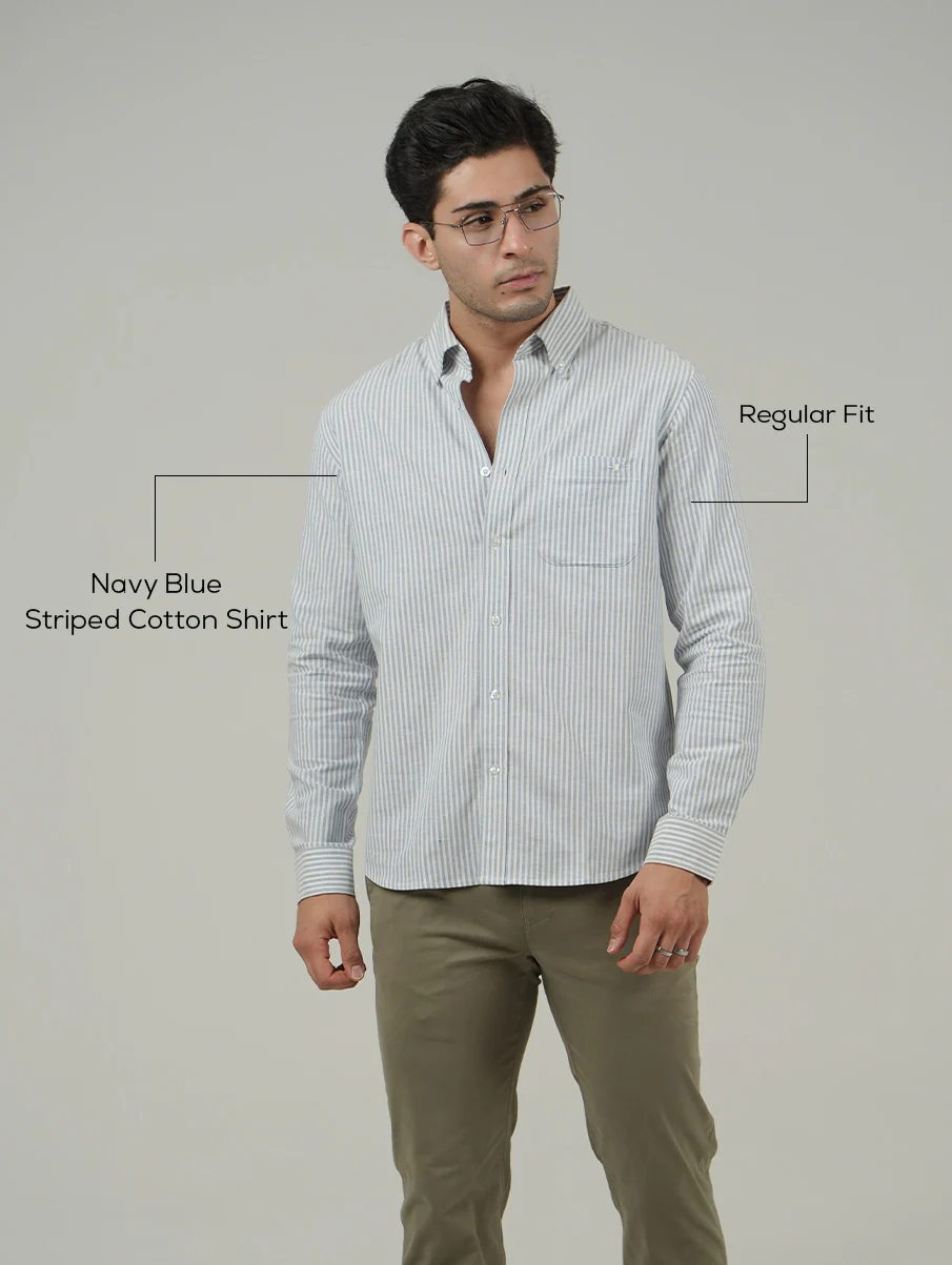 Navy Blue Striped Cotton Shirt – Button-Down Collar | Regular Fit - Image 4