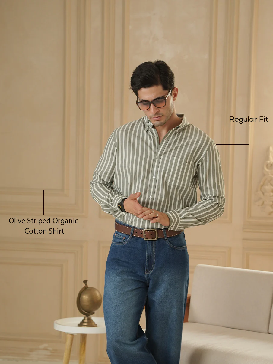 Olive Striped Organic Cotton Shirt – Regular Fit - Image 4