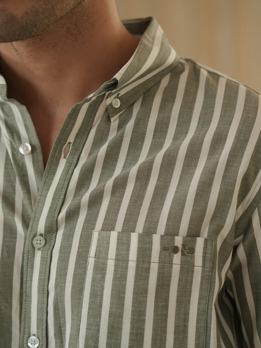 Olive Striped Organic Cotton Shirt – Regular Fit - Image 6