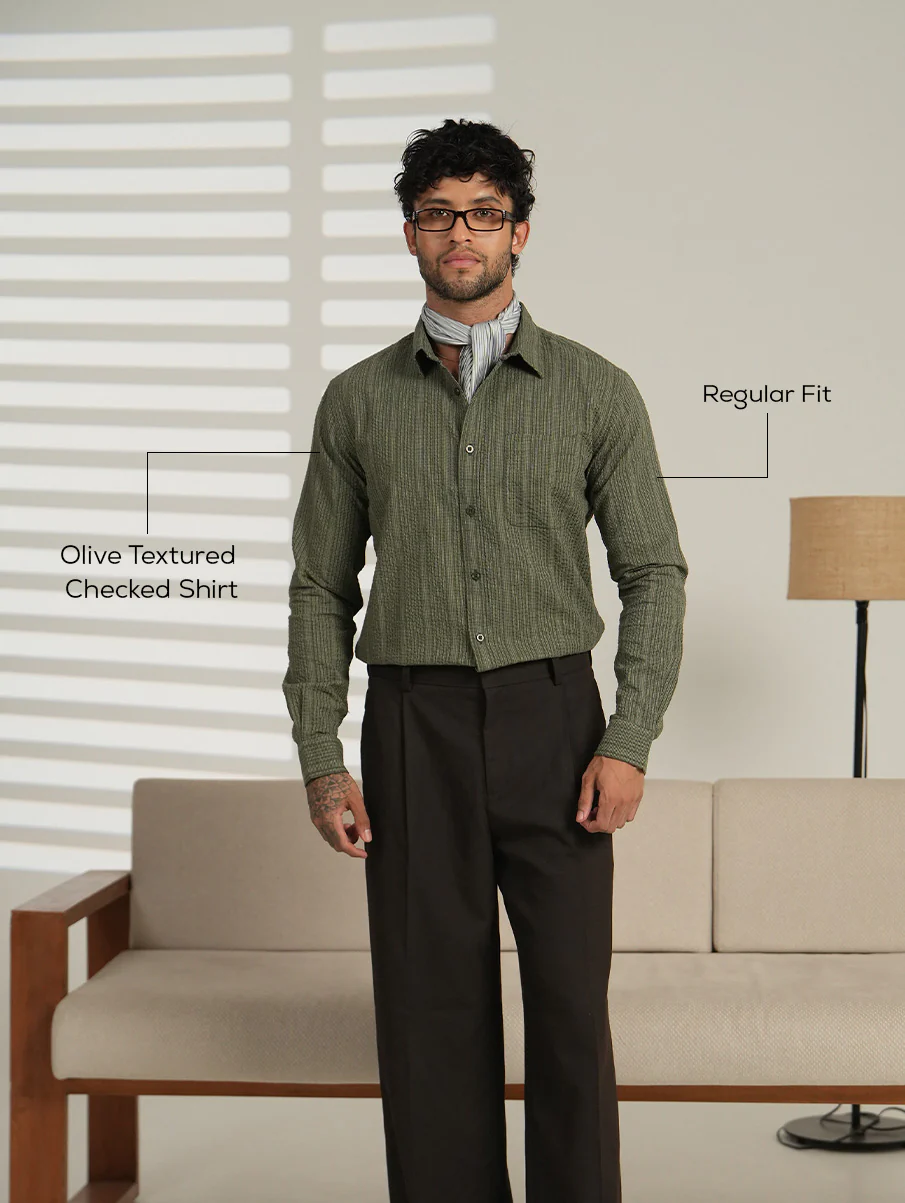Olive Textured Checked Shirt – Regular Fit, Full Sleeves, Cotton - Image 4
