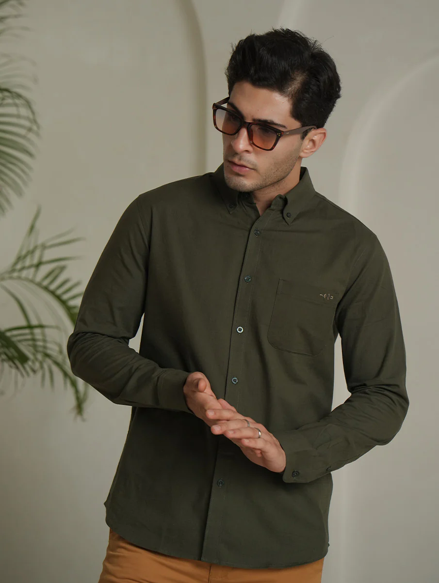 Organic Olive Oxford Cotton Shirt – Regular Fit - Image 3