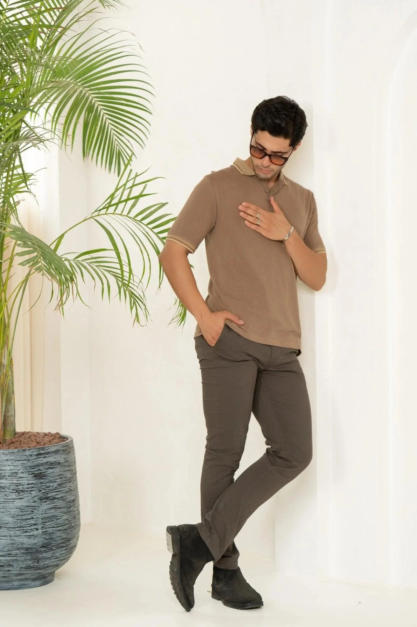 Mocha Brown Bamboo Cotton Polo T-Shirt – Jacquard Collar - Image 5