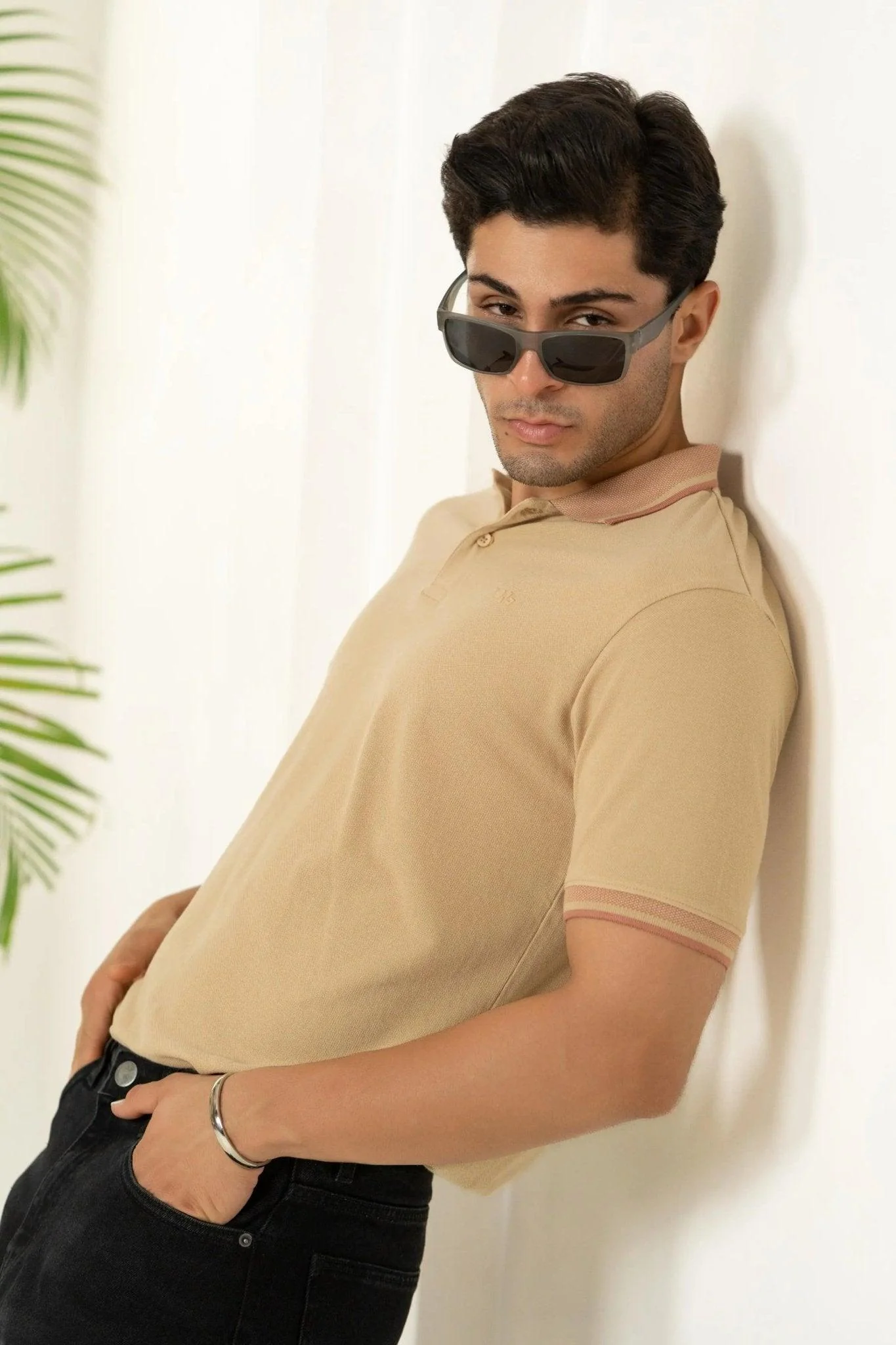 Pebble Beige Bamboo Cotton Polo T-Shirt – Jacquard Collar - Image 4