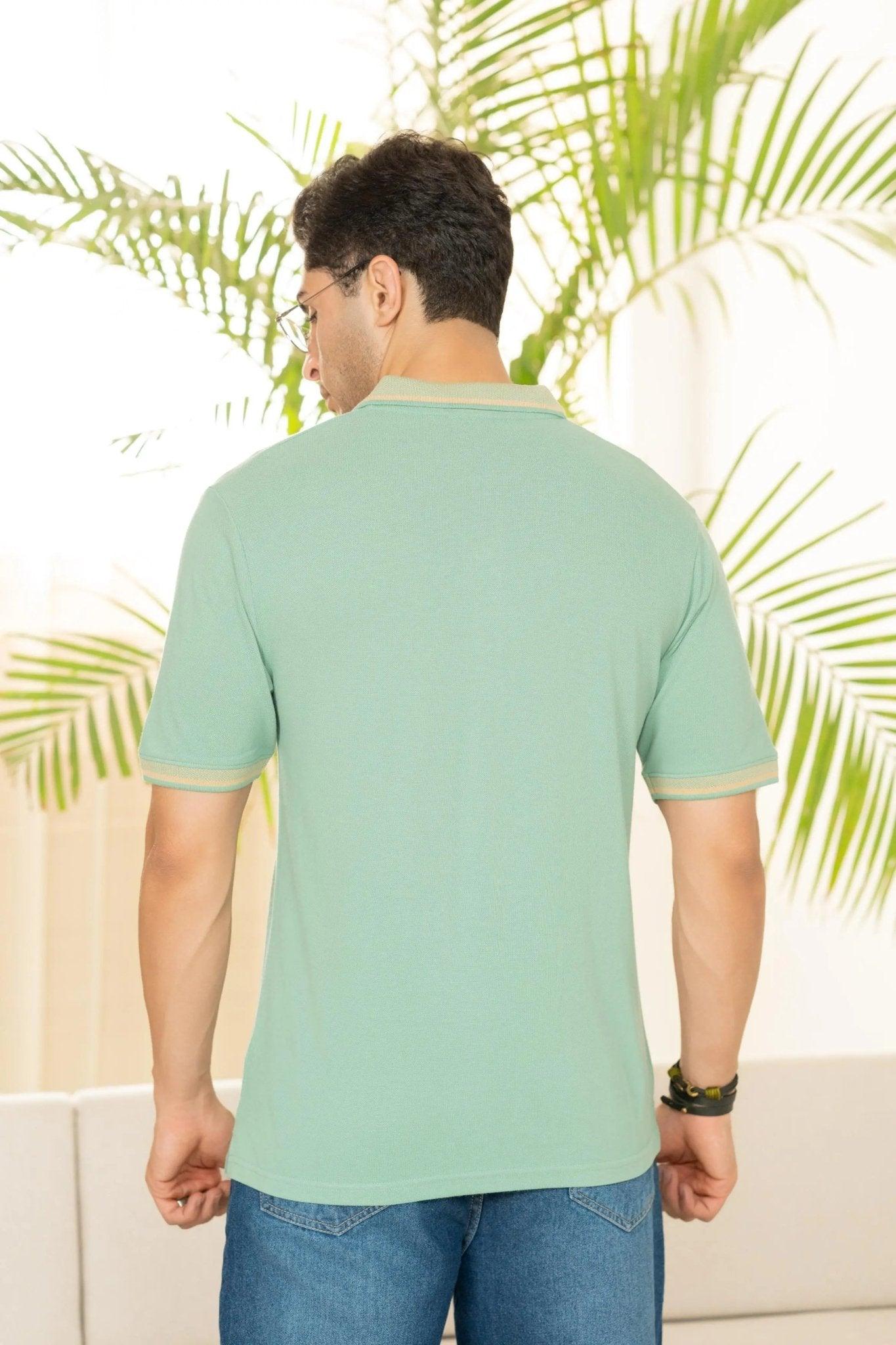 Sage Green Bamboo Cotton Polo T-Shirt – Jacquard Collar - Image 5
