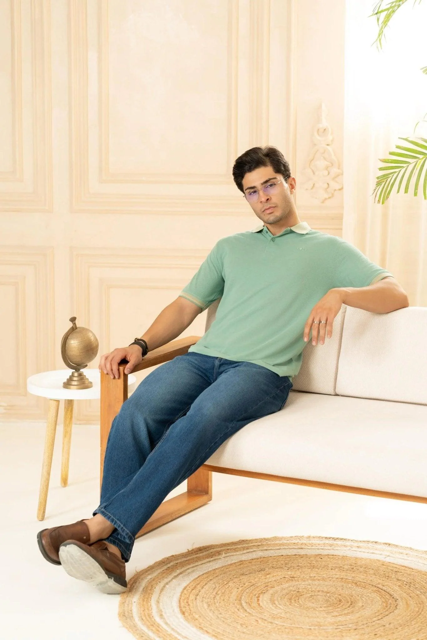 Sage Green Bamboo Cotton Polo T-Shirt – Jacquard Collar - Image 6