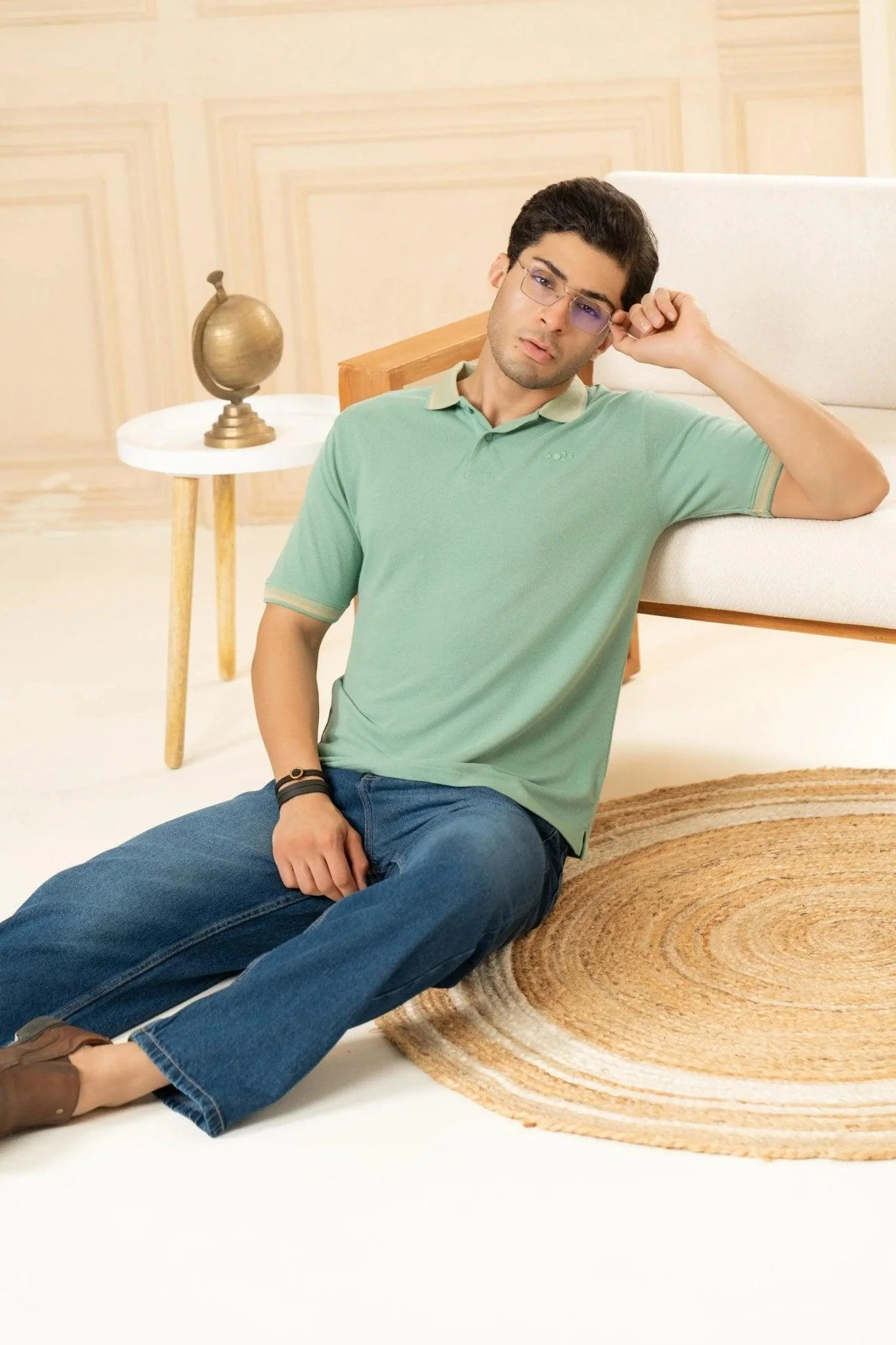 Sage Green Bamboo Cotton Polo T-Shirt – Jacquard Collar - Image 7