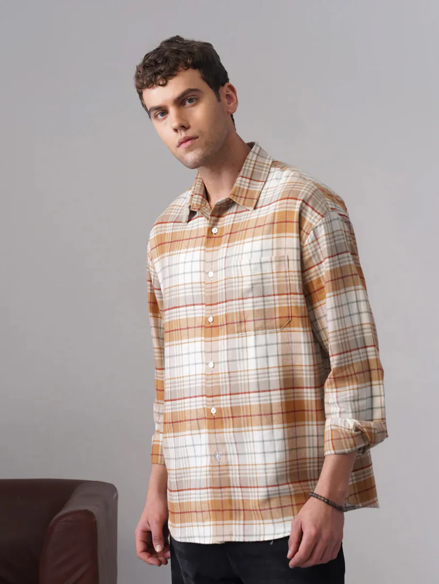 Mustard Checkered Cotton Shirt – Loose Fit, Full Sleeves