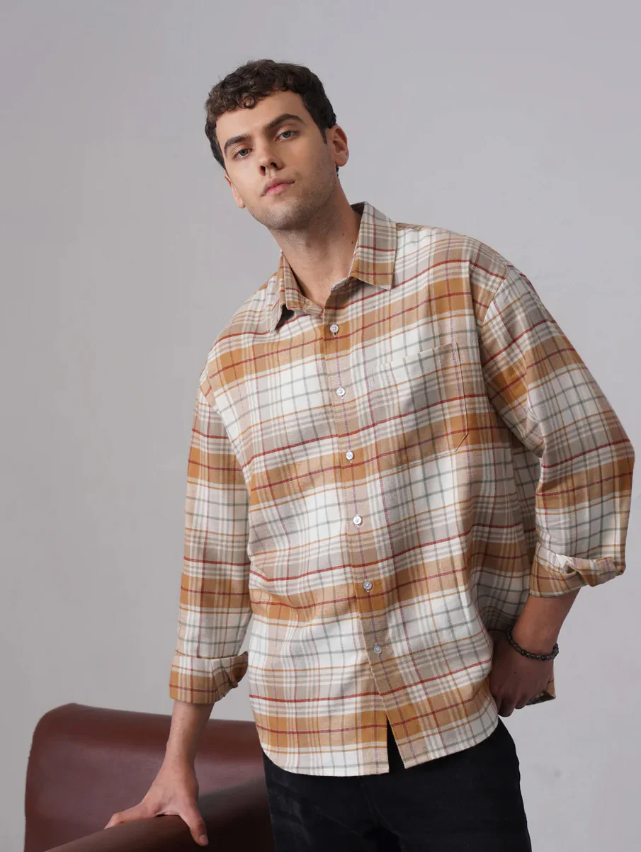 Mustard Checkered Cotton Shirt – Loose Fit, Full Sleeves - Image 3