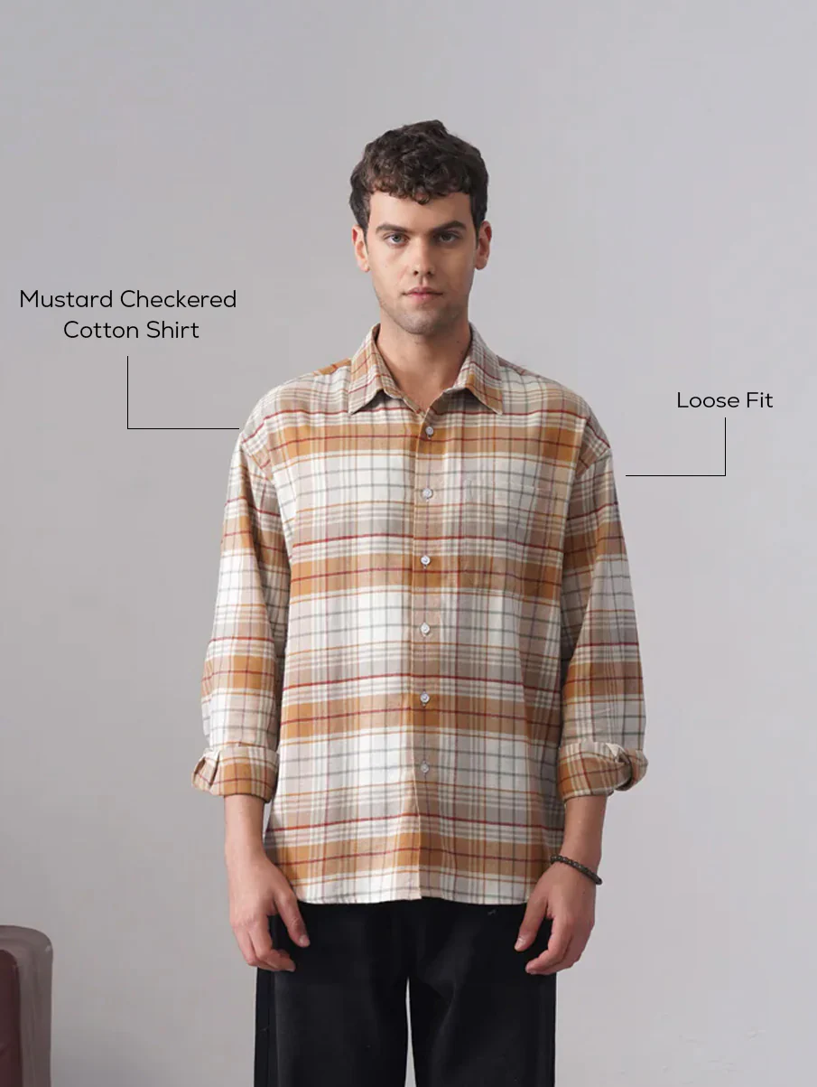 Mustard Checkered Cotton Shirt – Loose Fit, Full Sleeves - Image 4