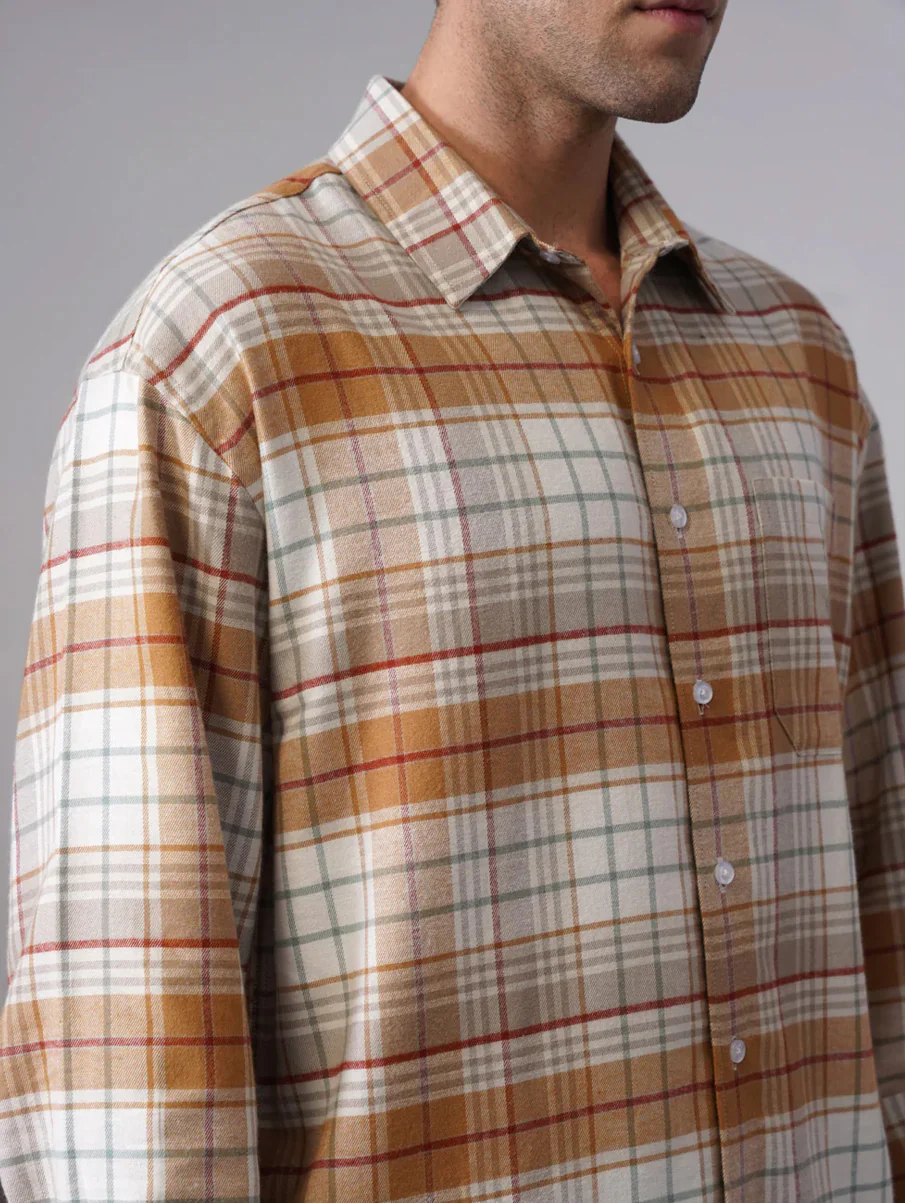 Mustard Checkered Cotton Shirt – Loose Fit, Full Sleeves - Image 6