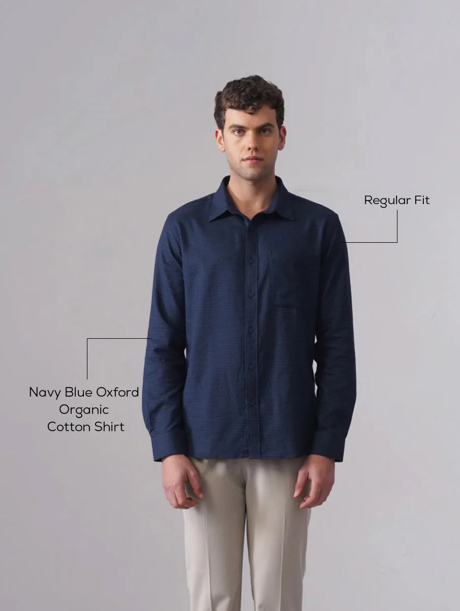 Navy Blue Oxford Organic Cotton Shirt – Regular Fit, Full Sleeves - Image 4