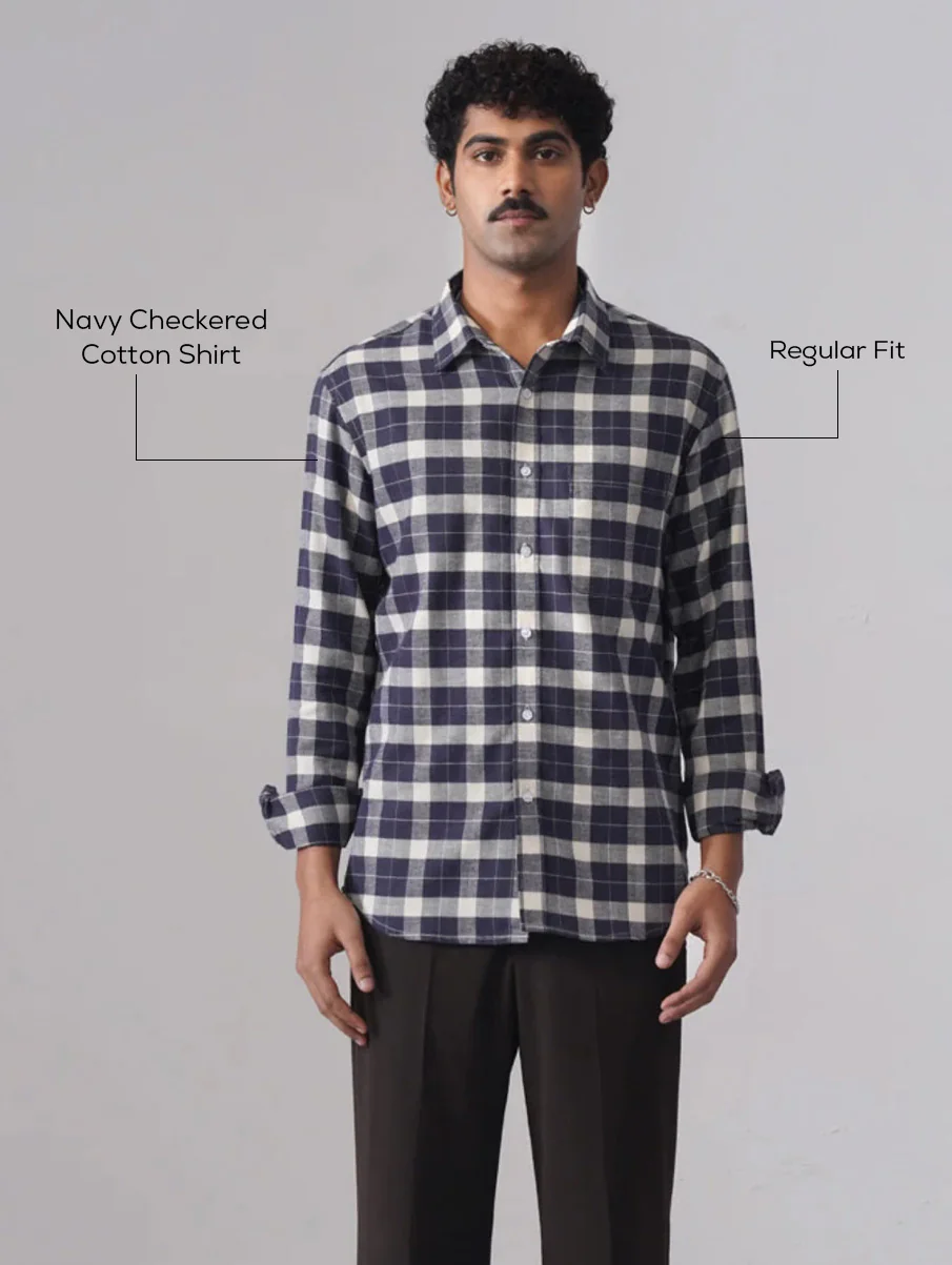 Navy Checkered Cotton Shirt – Regular Fit, Full Sleeves - Image 4
