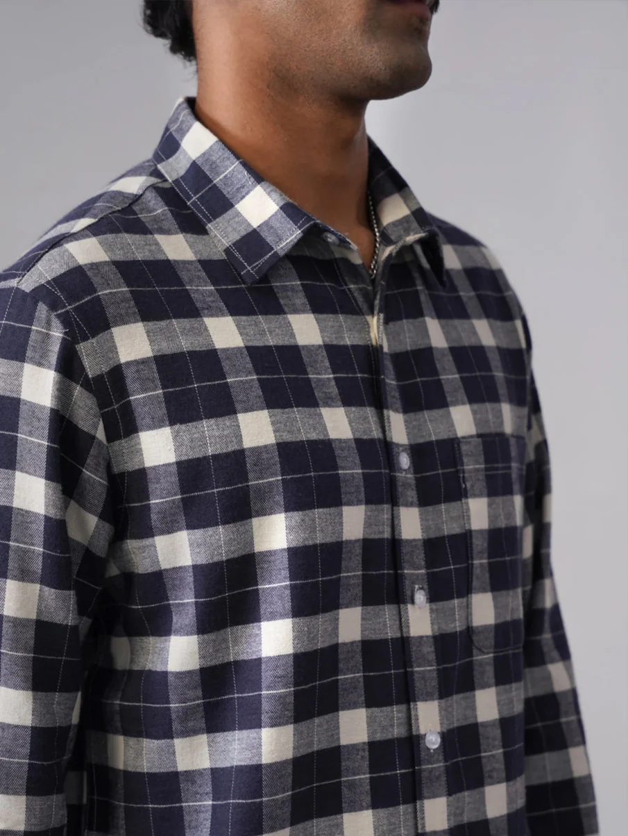 Navy Checkered Cotton Shirt – Regular Fit, Full Sleeves - Image 6