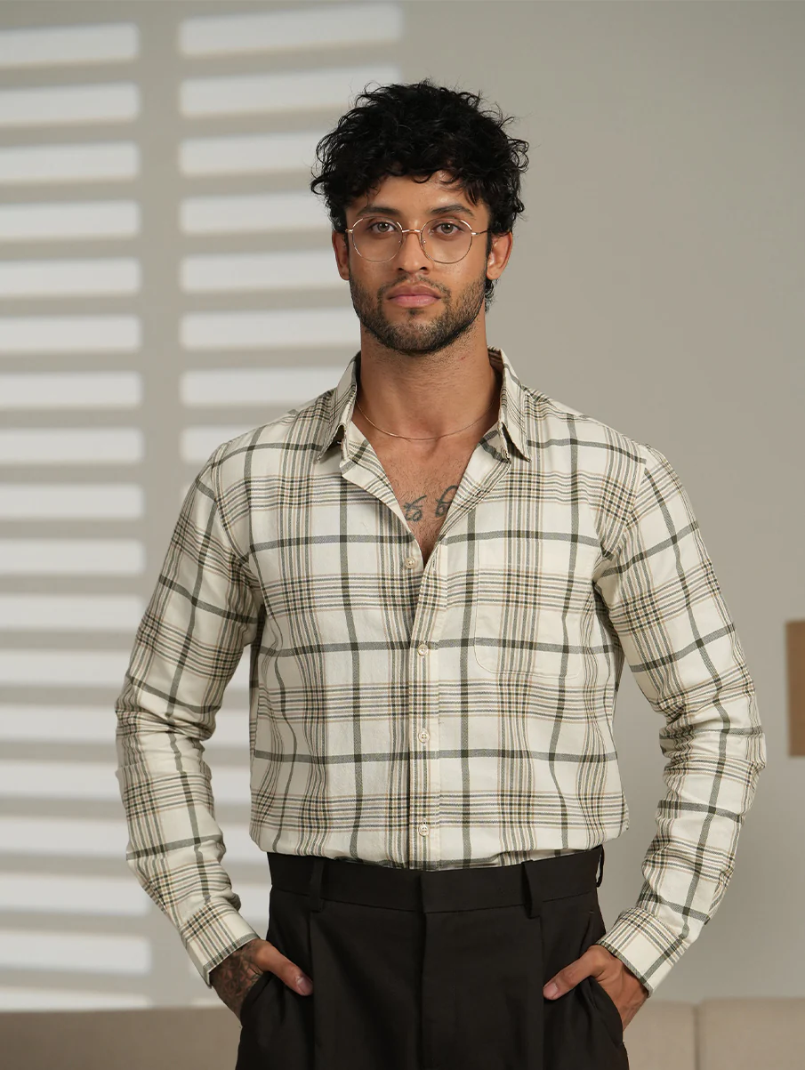 Off-White & Brown Checked Cotton Shirt – Regular Fit, Full Sleeves
