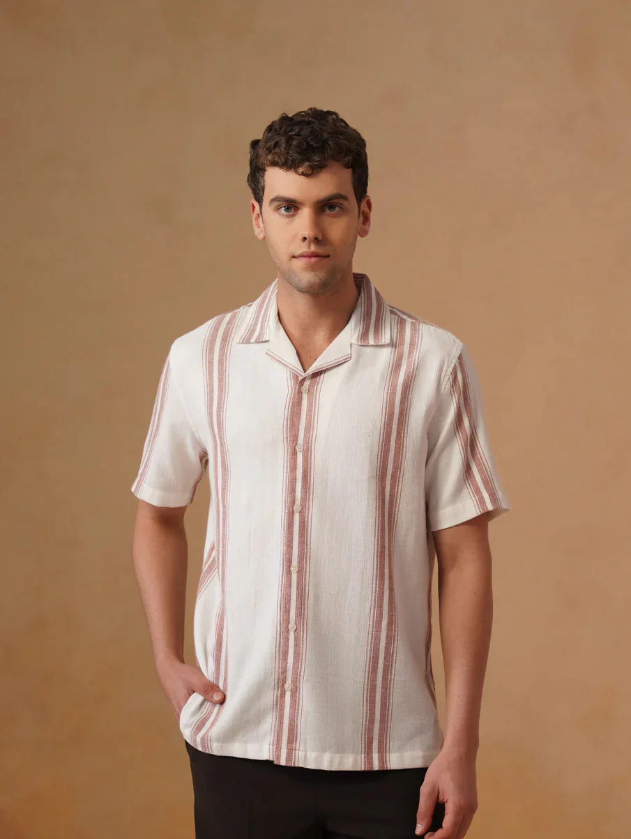 Off-White Striped Cotton Cuban Collar Shirt – Regular Fit, Half Sleeves