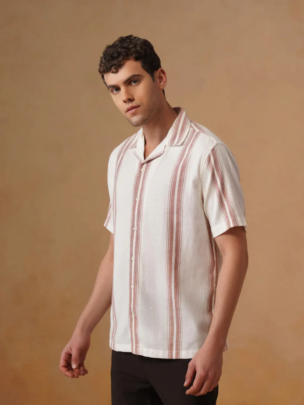Off-White Striped Cotton Cuban Collar Shirt – Regular Fit, Half Sleeves - Image 3