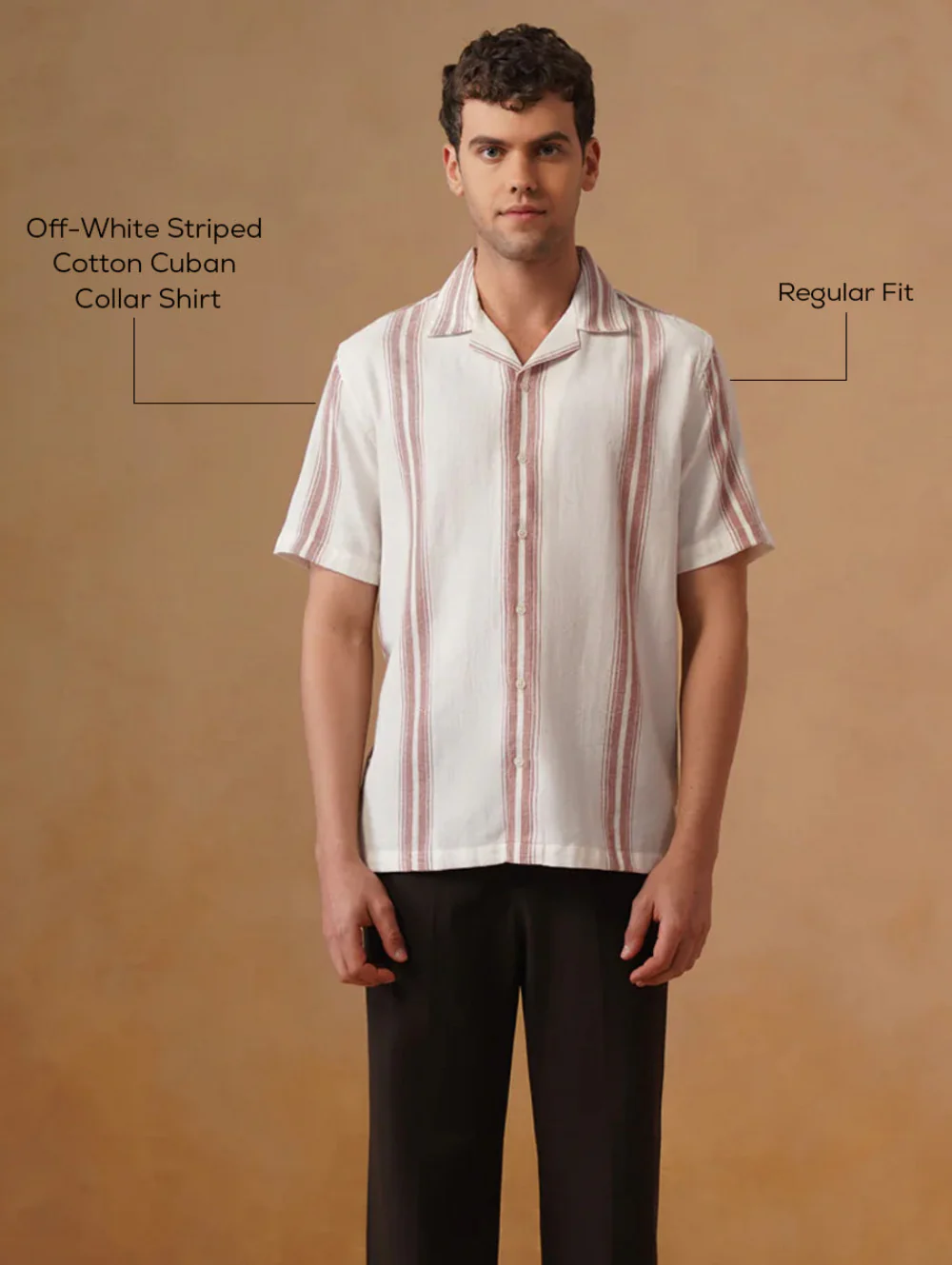 Off-White Striped Cotton Cuban Collar Shirt – Regular Fit, Half Sleeves - Image 4