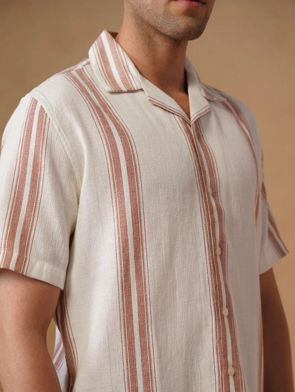 Off-White Striped Cotton Cuban Collar Shirt – Regular Fit, Half Sleeves - Image 6