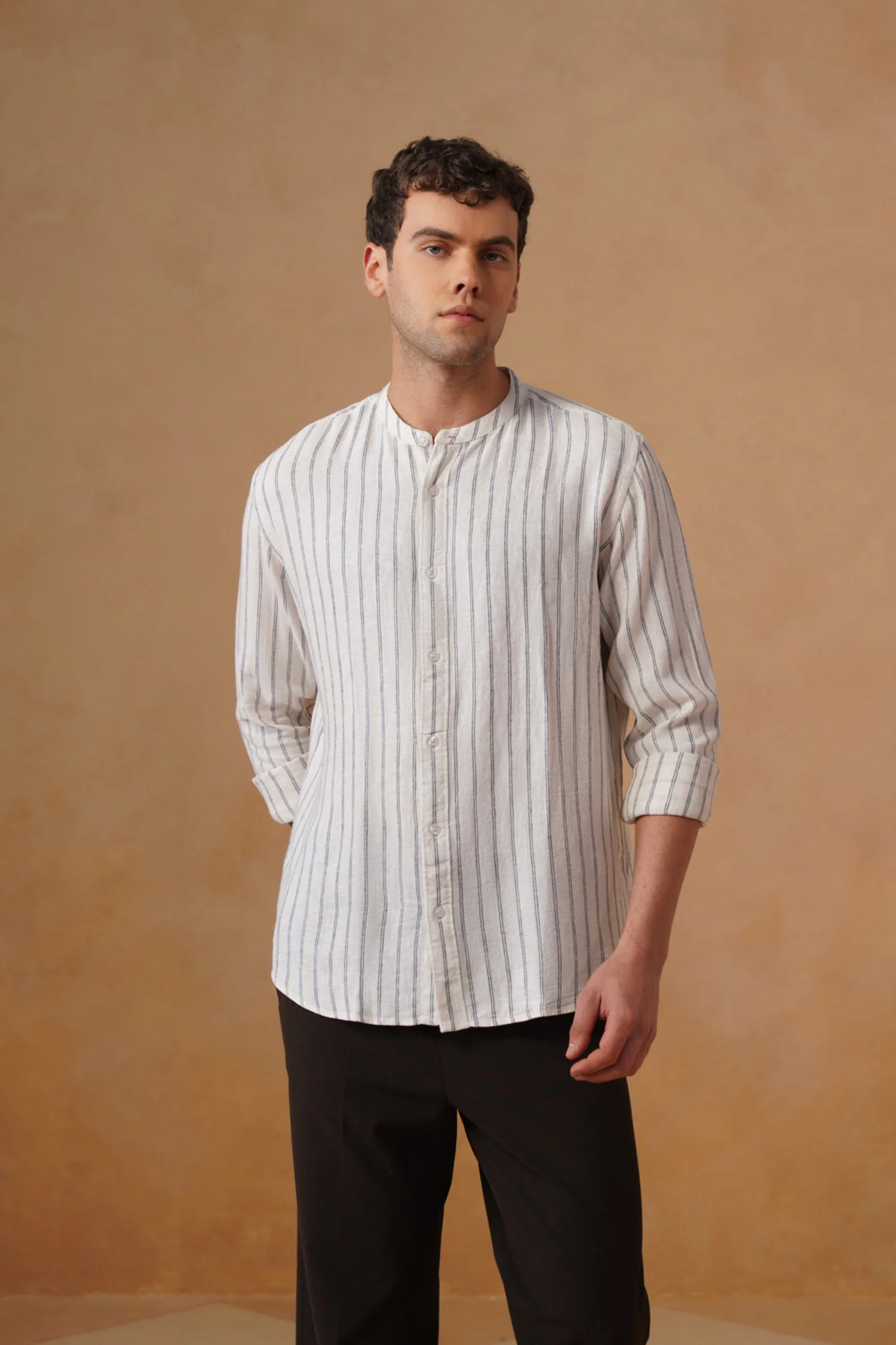 Off-White Striped Cotton Shirt – Regular Fit, Full Sleeves
