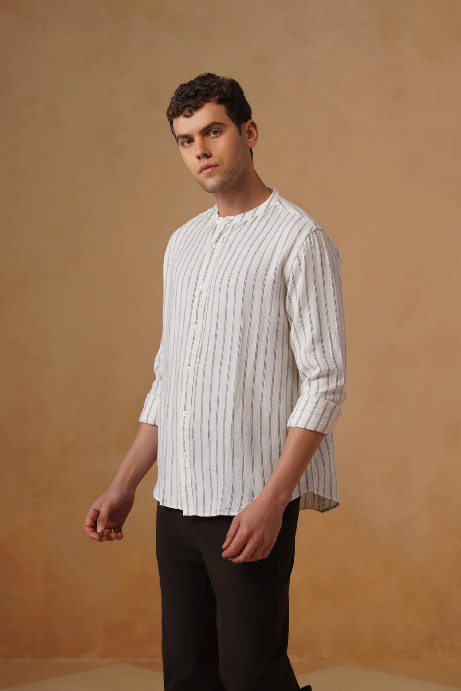 Off-White Striped Cotton Shirt – Regular Fit, Full Sleeves - Image 2