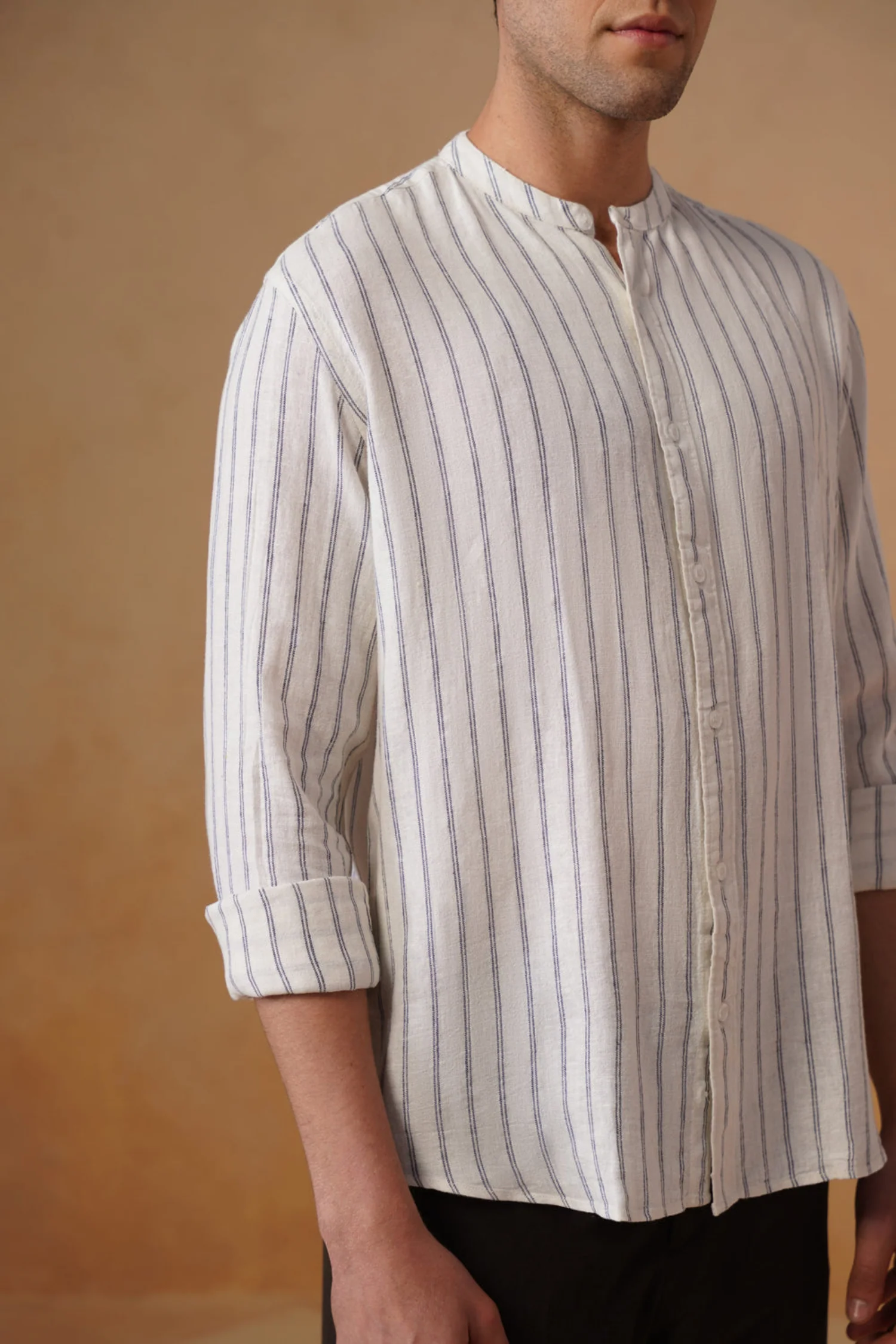 Off-White Striped Cotton Shirt – Regular Fit, Full Sleeves - Image 3