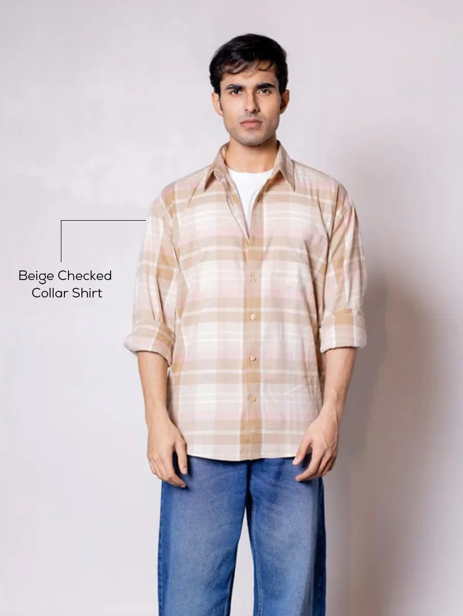 Beige Checked Collar Shirt - Image 4