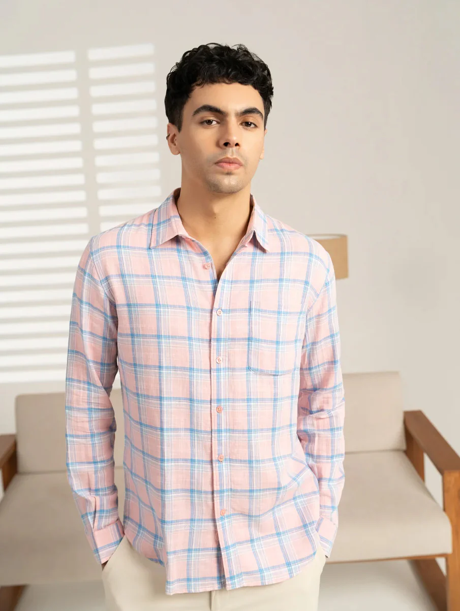 Pink Checked Cotton Shirt – Regular Fit, Full Sleeves - Image 3