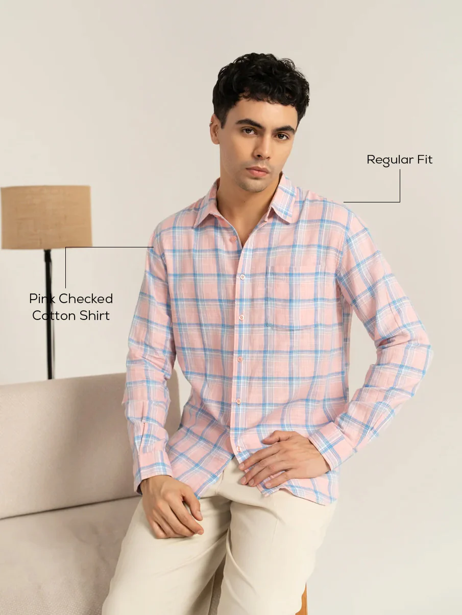 Pink Checked Cotton Shirt – Regular Fit, Full Sleeves - Image 4