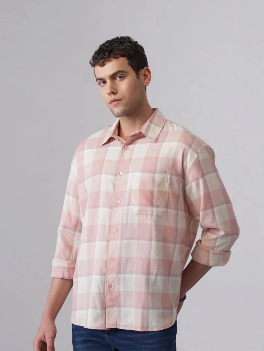 Pink Checkered Cotton Shirt – Loose Fit, Full Sleeves - Image 3