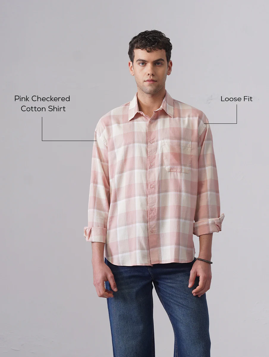 Pink Checkered Cotton Shirt – Loose Fit, Full Sleeves - Image 4