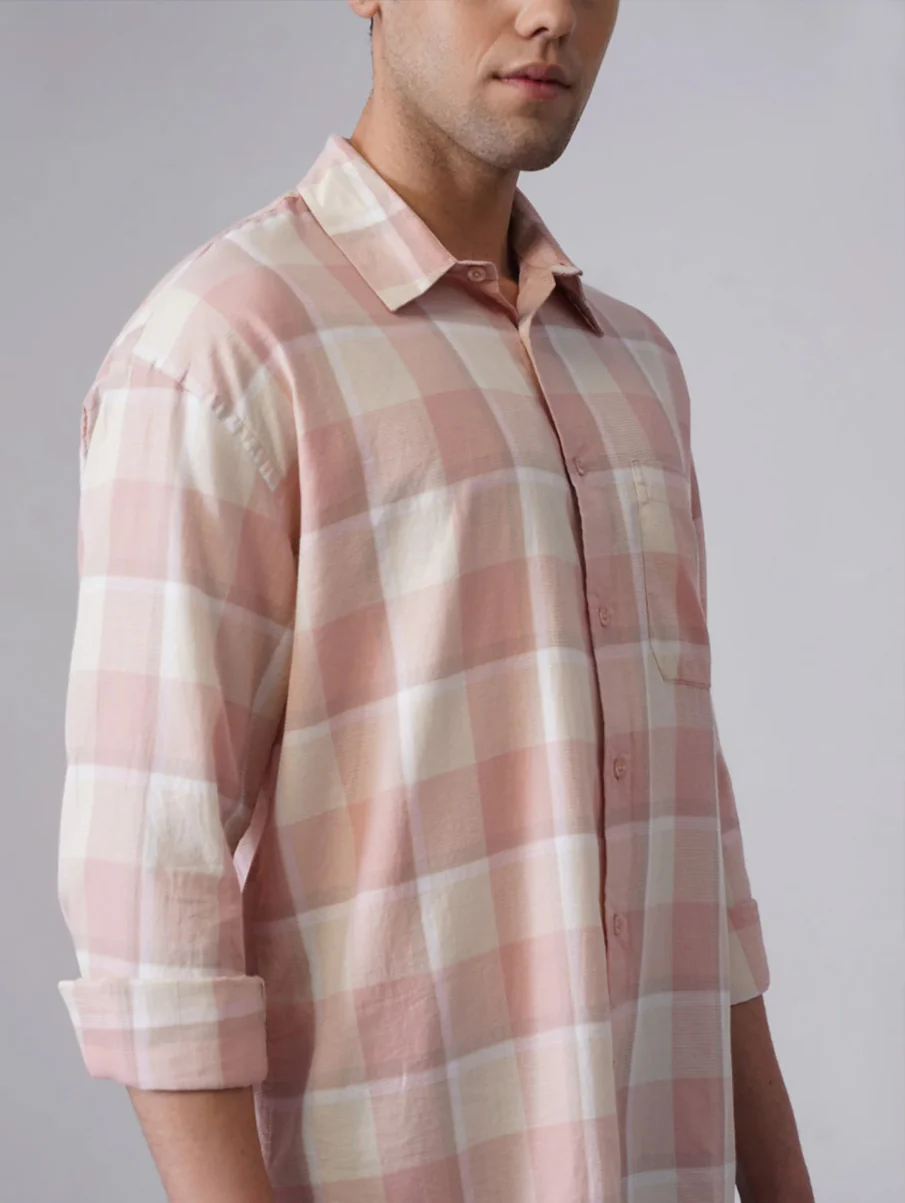 Pink Checkered Cotton Shirt – Loose Fit, Full Sleeves - Image 6