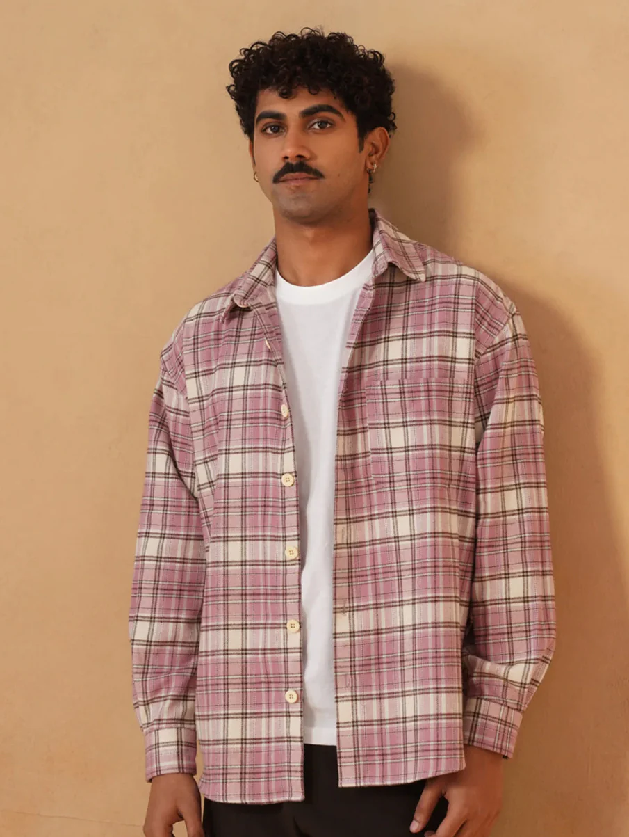 Pink Checkered Organic Cotton Shacket – Loose Fit, Full Sleeves