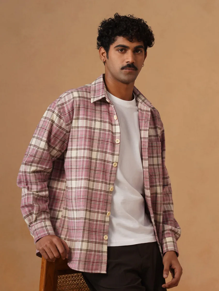 Pink Checkered Organic Cotton Shacket – Loose Fit, Full Sleeves - Image 3