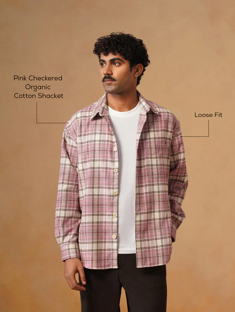 Pink Checkered Organic Cotton Shacket – Loose Fit, Full Sleeves - Image 4