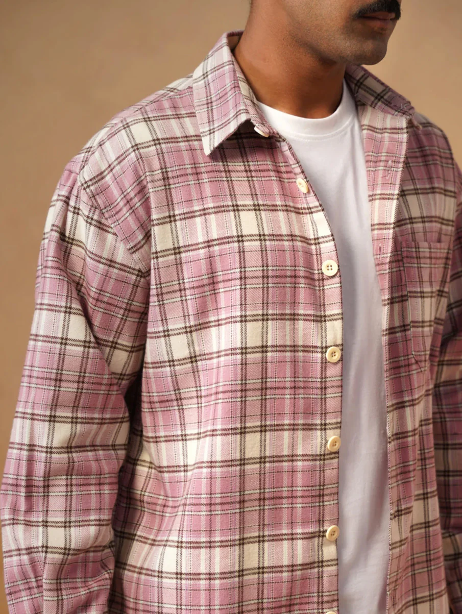 Pink Checkered Organic Cotton Shacket – Loose Fit, Full Sleeves - Image 6