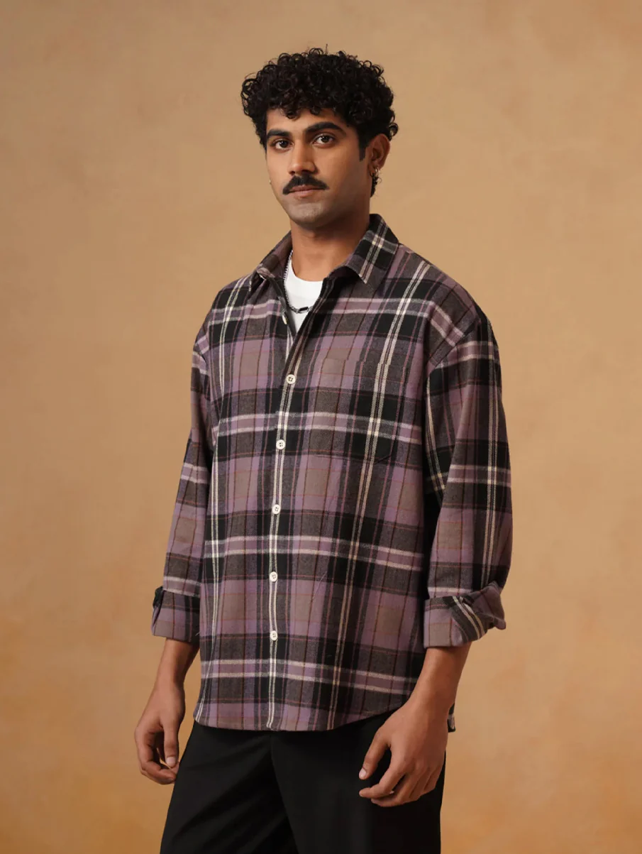 Purple Checkered Brushed Cotton Shacket – Loose Fit, Full Sleeves