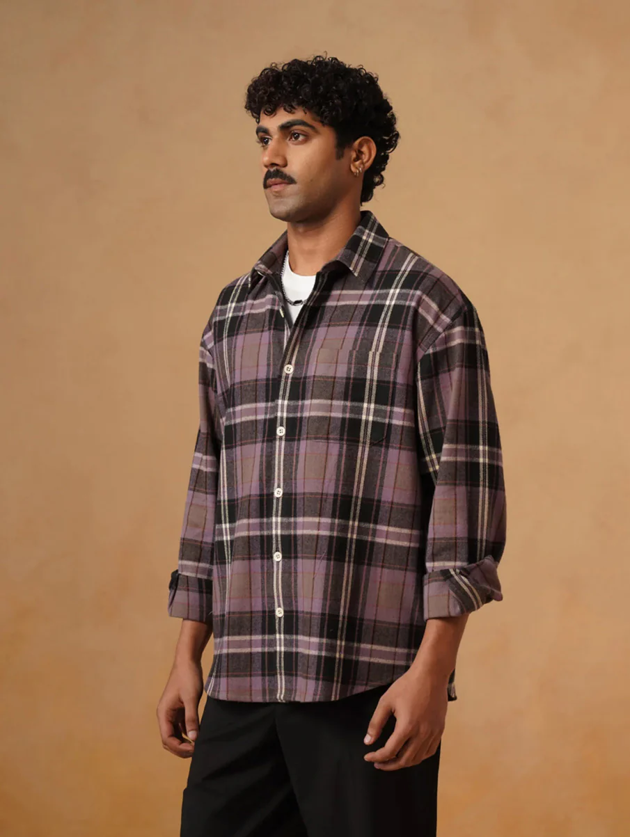 Purple Checkered Brushed Cotton Shacket – Loose Fit, Full Sleeves - Image 3
